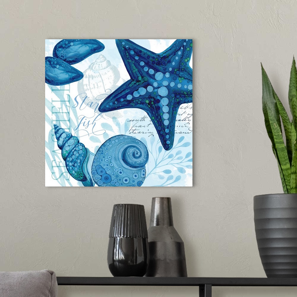 A modern room featuring The beauty of ocean life is on display with this blue-toned starfish scene.