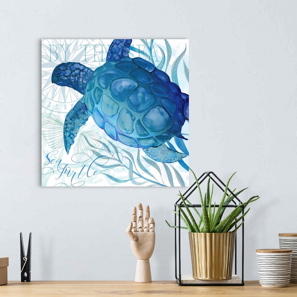A bohemian room featuring The beauty of ocean life is on display with this blue-toned turtle scene.