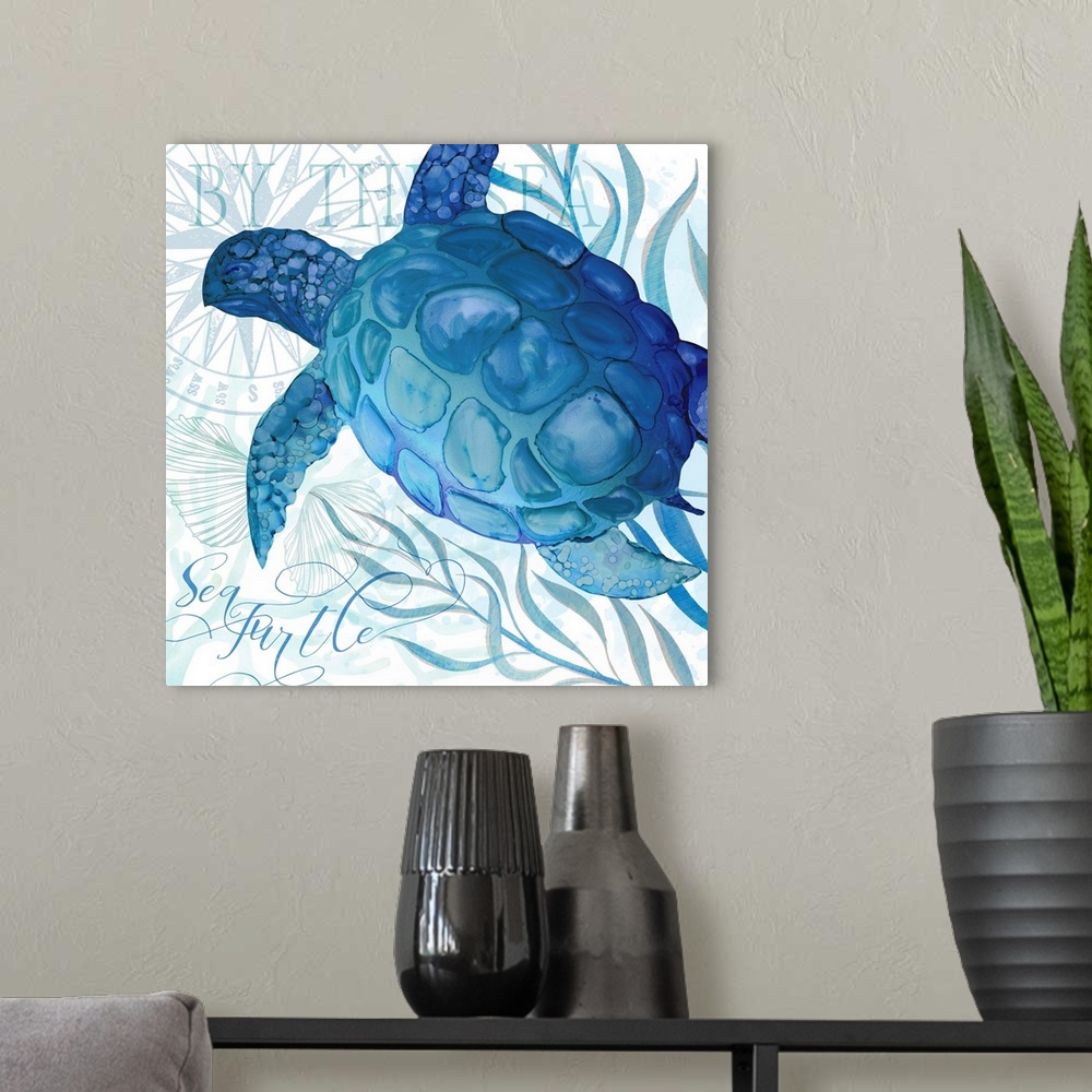A modern room featuring The beauty of ocean life is on display with this blue-toned turtle scene.