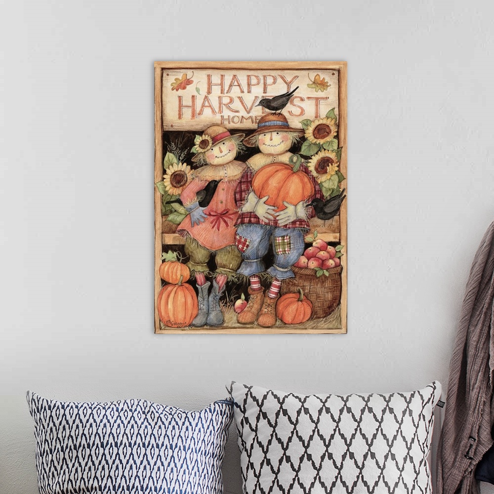 A bohemian room featuring What captures the harvest spirit more than this whimsical Scarecrow couple!