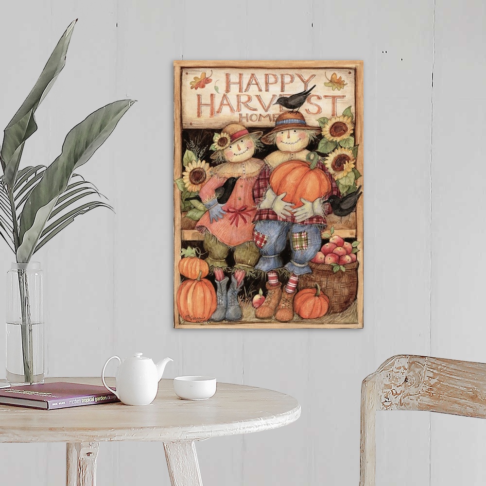 A farmhouse room featuring What captures the harvest spirit more than this whimsical Scarecrow couple!