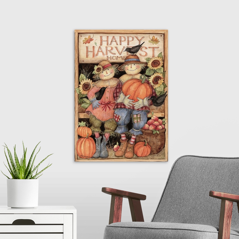A modern room featuring What captures the harvest spirit more than this whimsical Scarecrow couple!
