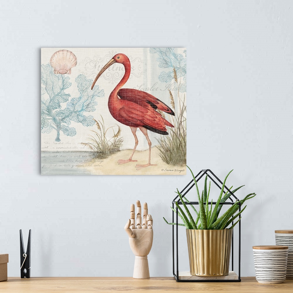 A bohemian room featuring This scarlet ibis in a lovely watercolor scene brings the coast into your home.