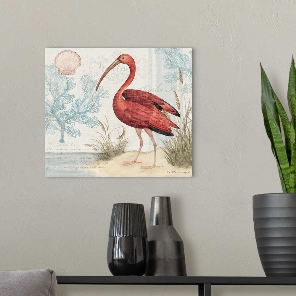 A modern room featuring This scarlet ibis in a lovely watercolor scene brings the coast into your home.