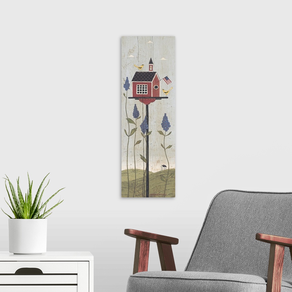 A modern room featuring Americana birdhouse panel by renowned artist Warren Kimble