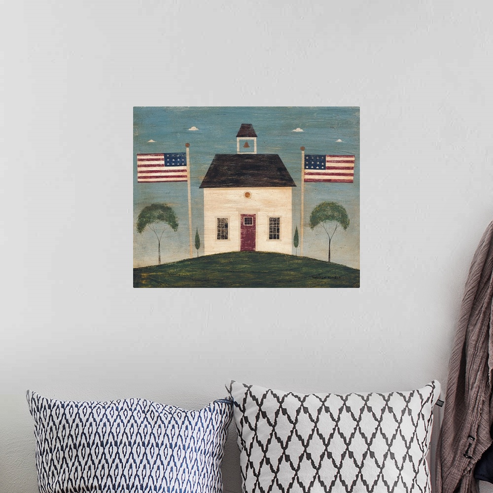 A bohemian room featuring Landscape folk art on a large wall hanging of a small school house on a hill, a mirror image on e...