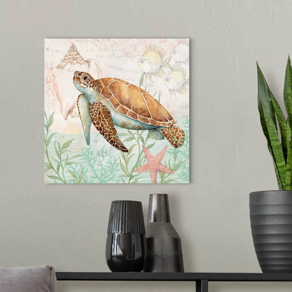 A modern room featuring Softly hued scene featuring a striking sea turtle is a subtle and tasteful coastal statement.