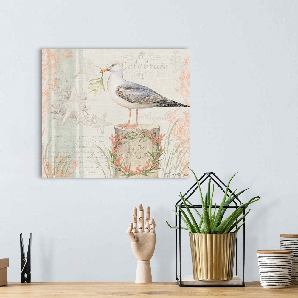 A bohemian room featuring This seagull in a lovely watercolor scene brings the coast into your home.