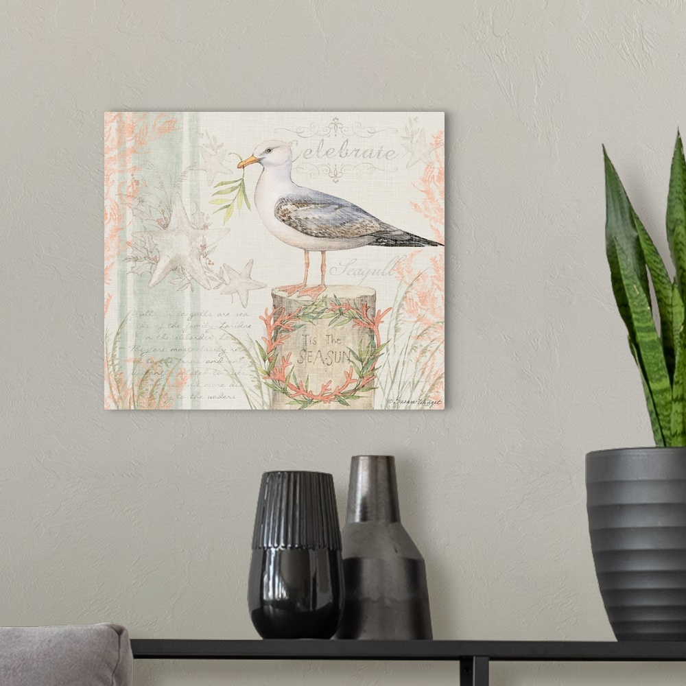 A modern room featuring This seagull in a lovely watercolor scene brings the coast into your home.