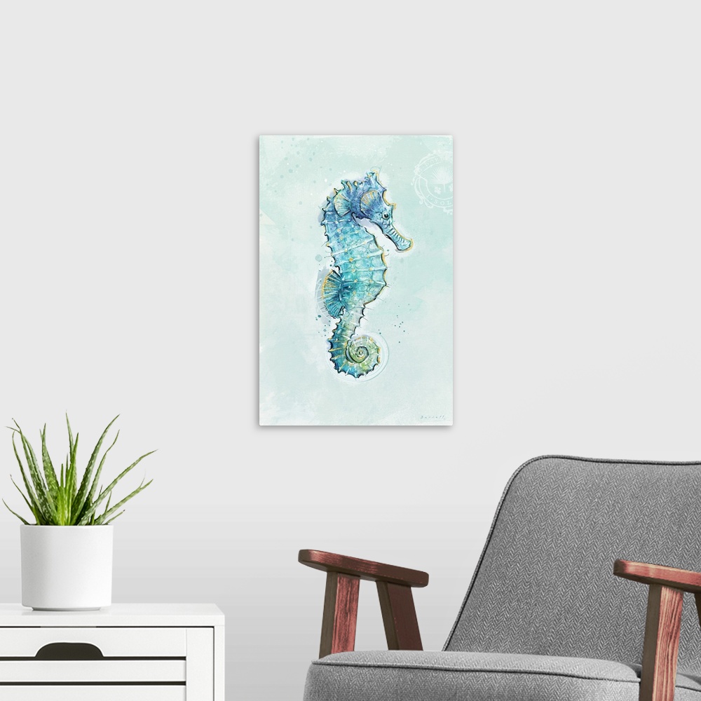 A modern room featuring The seahorse, an ever-popular motif for coastal decor!