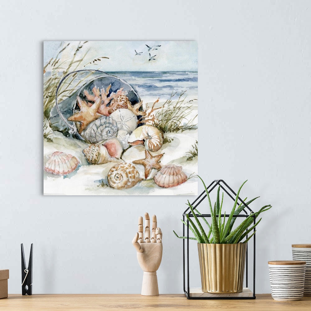 A bohemian room featuring A coastal shell montage cascades out of the sandpail.