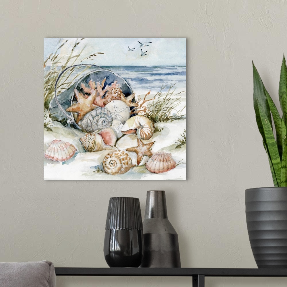 A modern room featuring A coastal shell montage cascades out of the sandpail.