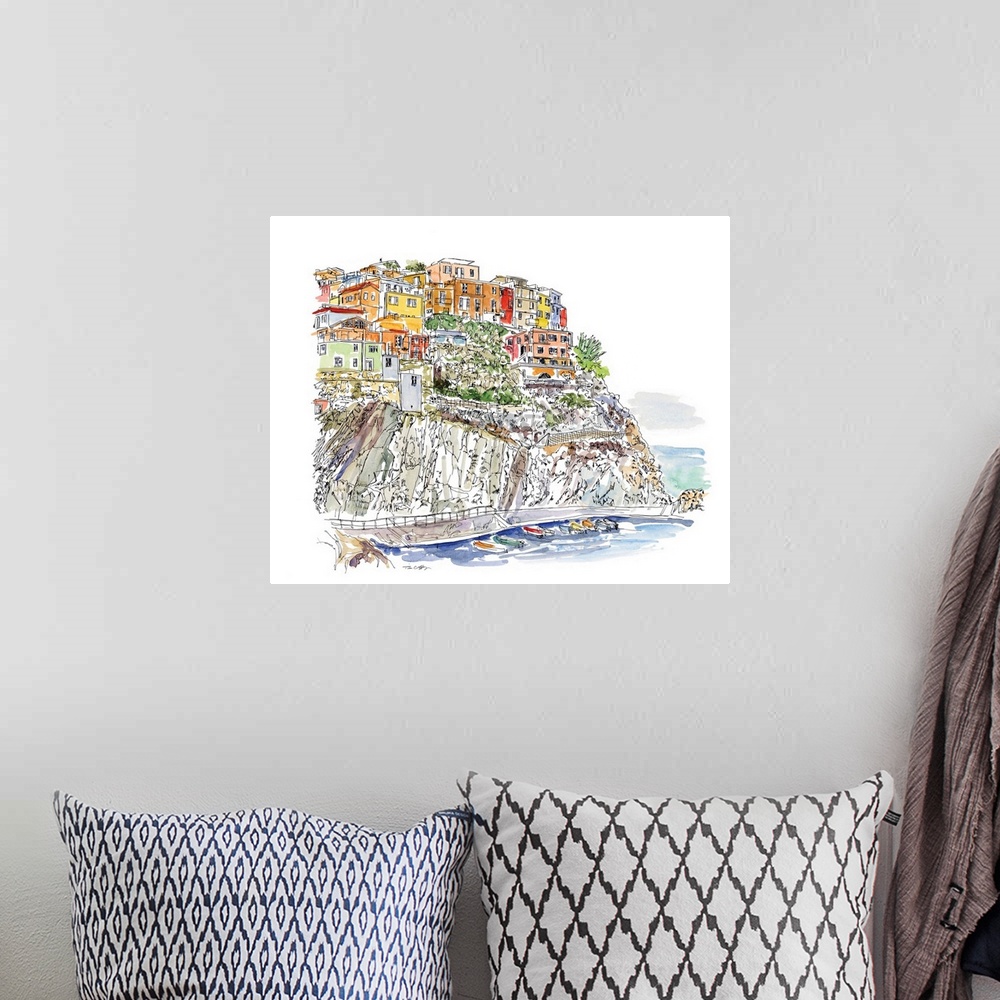 A bohemian room featuring A lovely pen and ink depiction of a European cliffside village