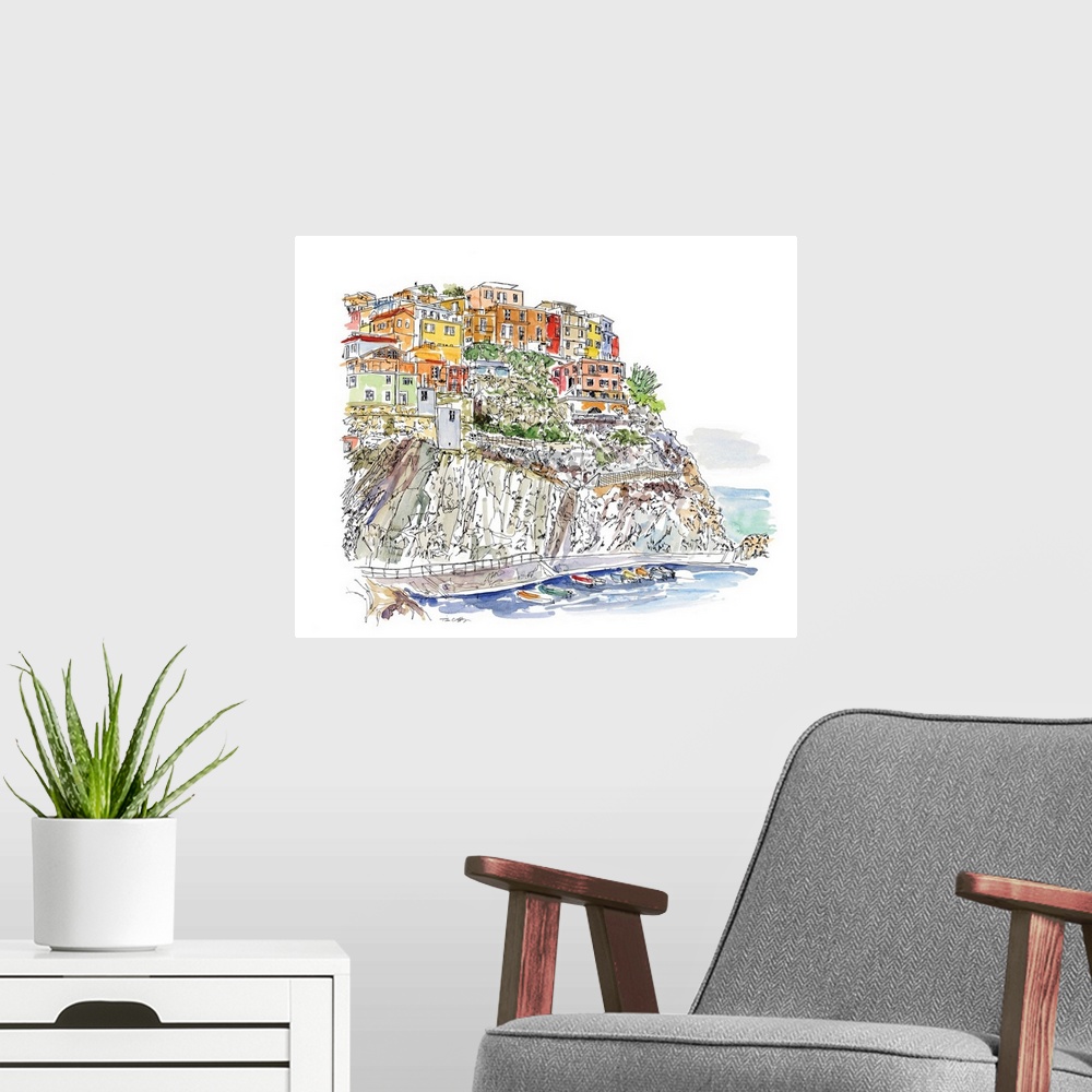 A modern room featuring A lovely pen and ink depiction of a European cliffside village