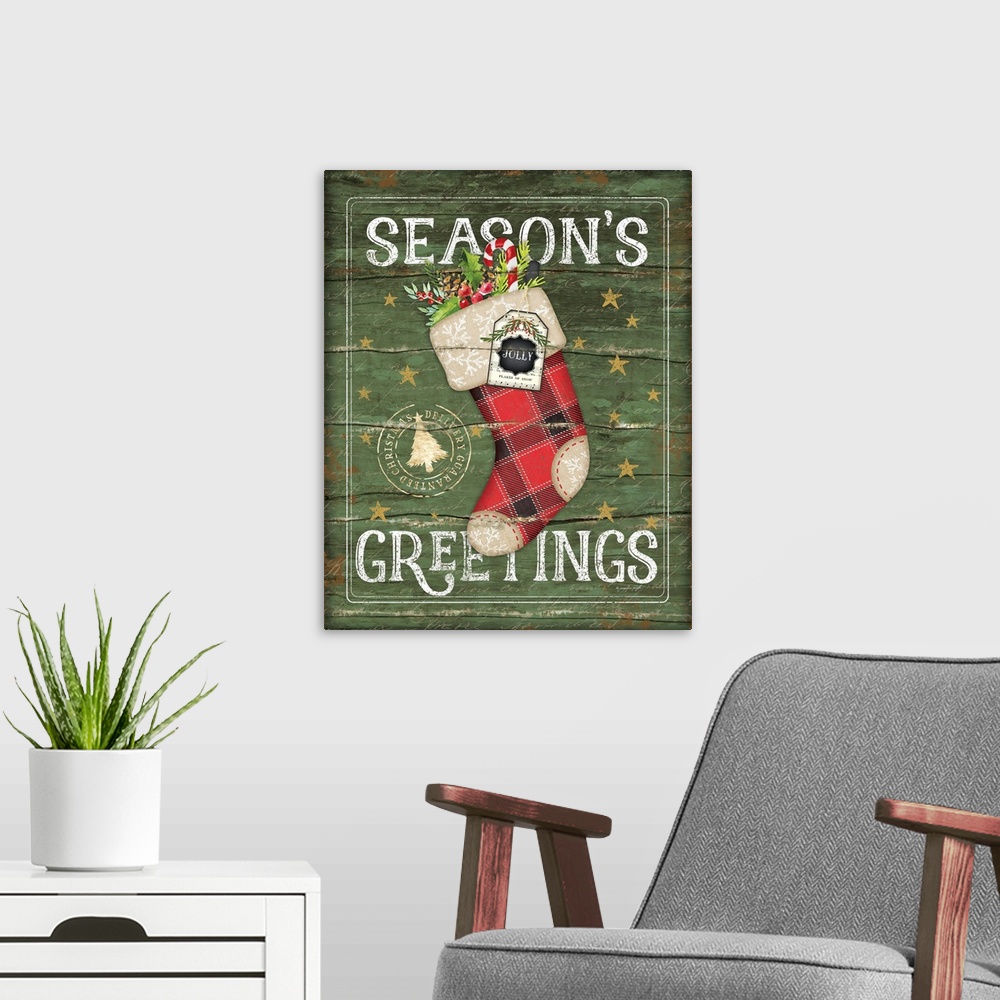 A modern room featuring Season's Greetings Stocking