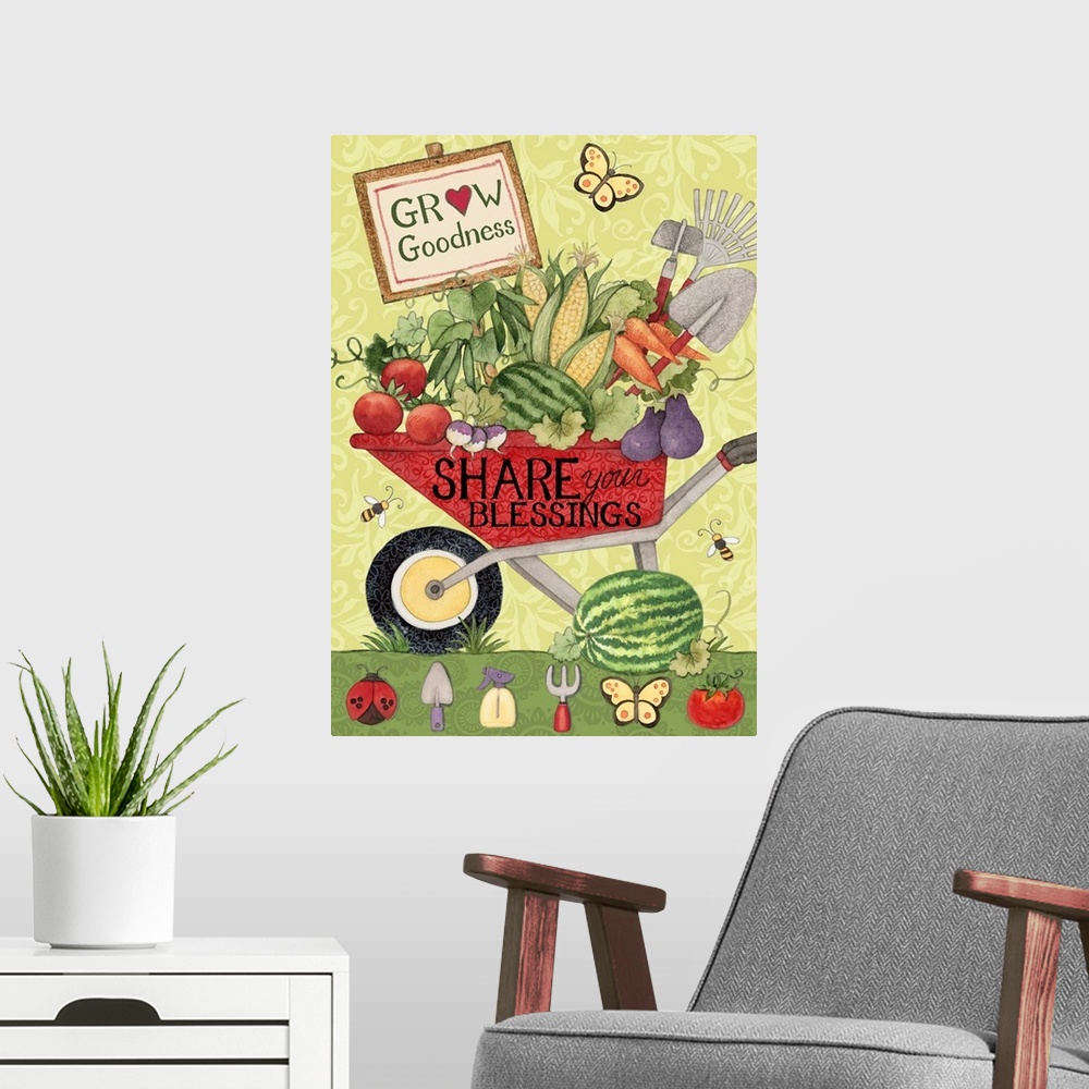 A modern room featuring Celebrate your veggie garden with this whimsical piece