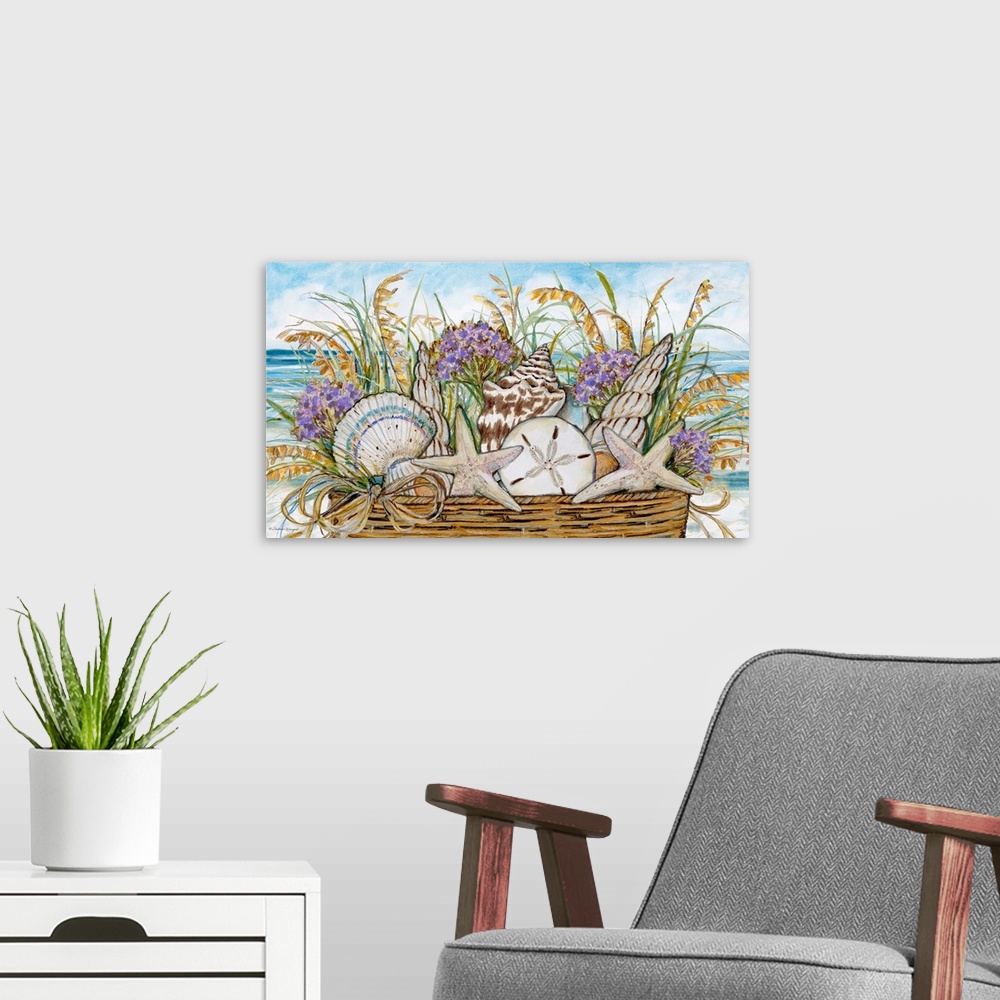A modern room featuring A rustic basket overflowing with seashells captures nature in all its beauty.