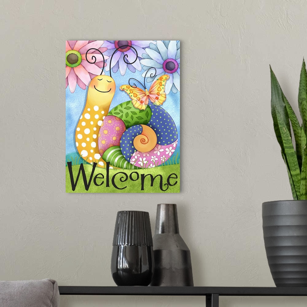 A modern room featuring This charming, colorful snail adds a playful touch to a garden or a play room.