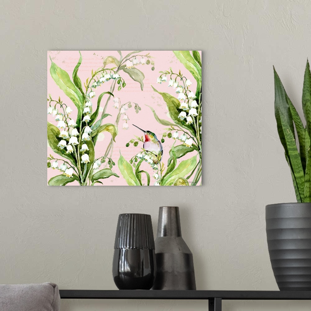 A modern room featuring A delicate hummingbird sits among the sweet snowdrop flowers.