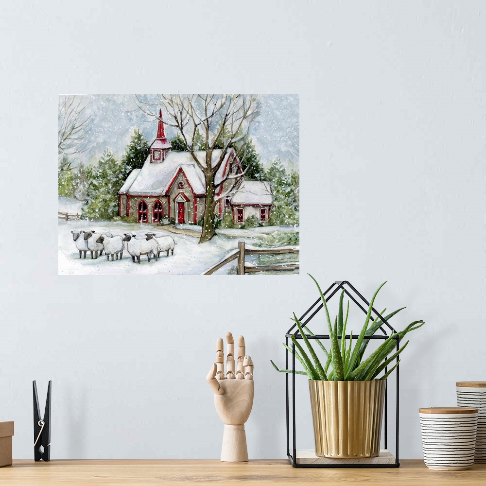 A bohemian room featuring Snowy Church With Sheep