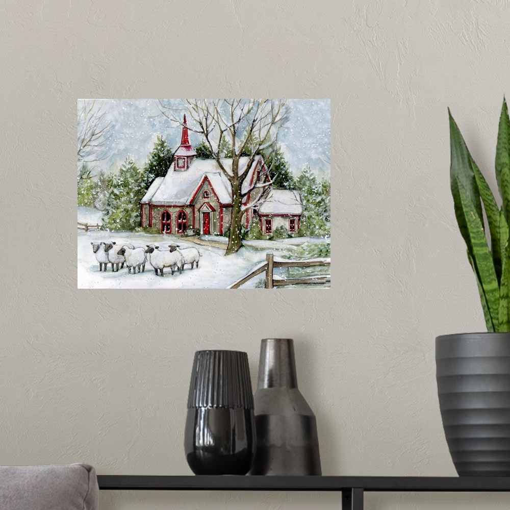 A modern room featuring Snowy Church With Sheep