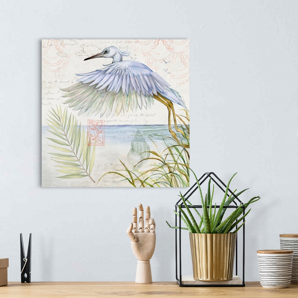 A bohemian room featuring Softly hued scene featuring a flying snowy egret is a subtle and tasteful coastal statement.