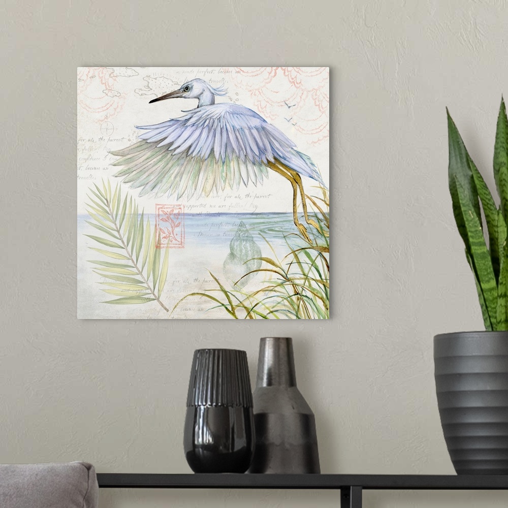 A modern room featuring Softly hued scene featuring a flying snowy egret is a subtle and tasteful coastal statement.