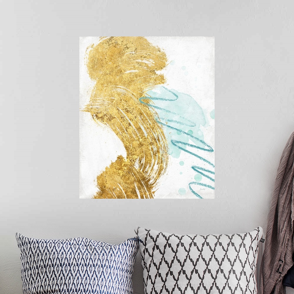 A bohemian room featuring Simple yet dramatic abstract that evokes a swirling and rhythmic color story