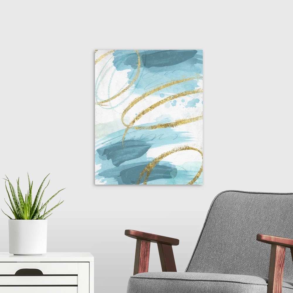 A modern room featuring Simple yet dramatic abstract that evokes a swirling and rhythmic color story