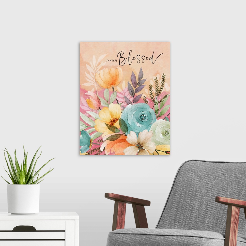A modern room featuring Warm colors awash this floral art, accented with heart-touching sentiments.