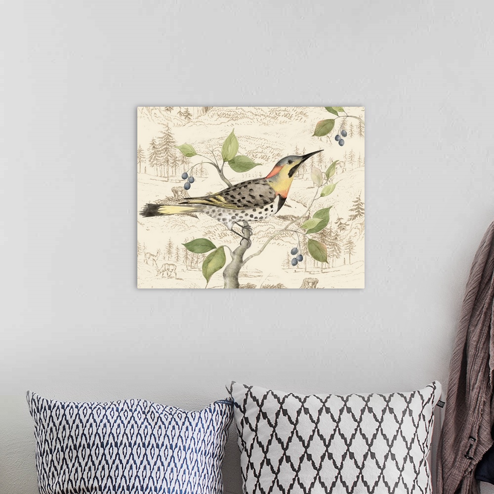 A bohemian room featuring Elegant, botanical bird art adds a traditional elegance to any home.
