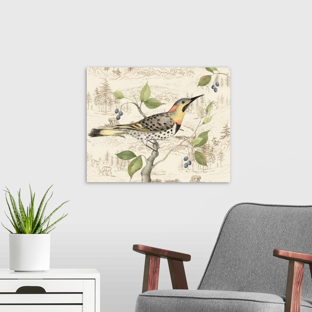 A modern room featuring Elegant, botanical bird art adds a traditional elegance to any home.