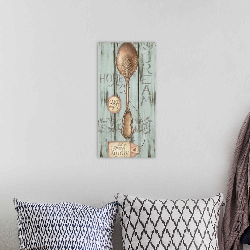 A bohemian room featuring This faux wood image features a vintage spoon and teabag a great decor look for kitchen or dining...