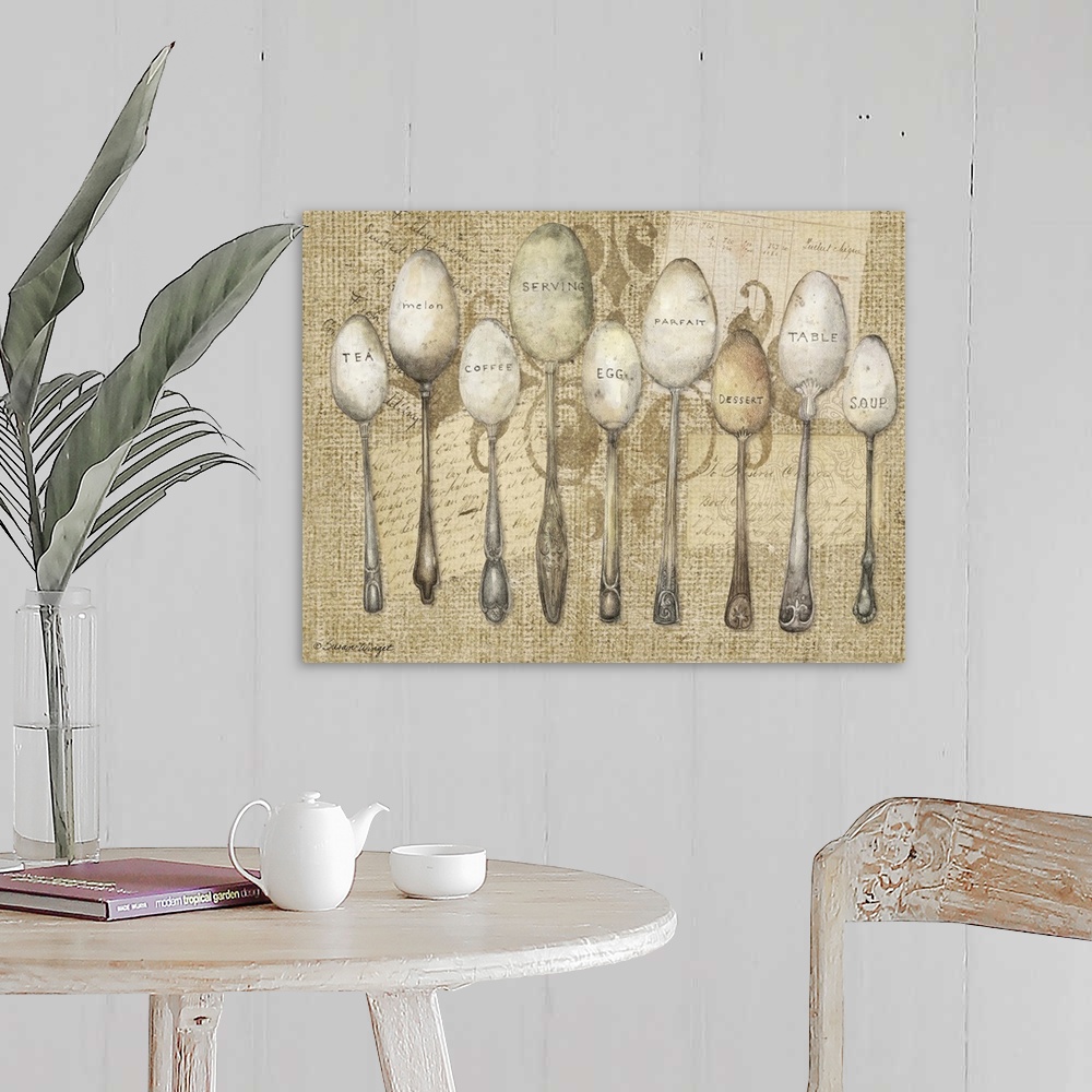A farmhouse room featuring Vintage flatware on burlap in sophisticated montage, perfect for dining room or kitchen