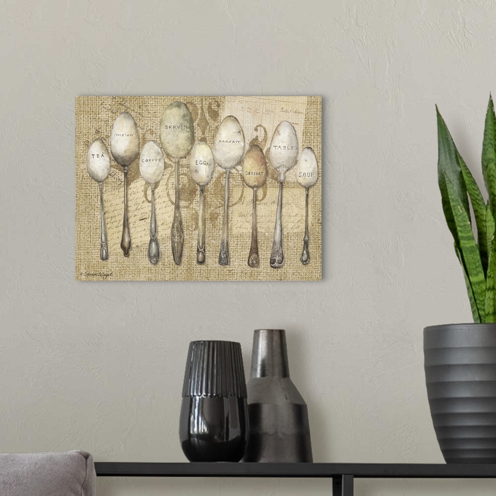 A modern room featuring Vintage flatware on burlap in sophisticated montage, perfect for dining room or kitchen