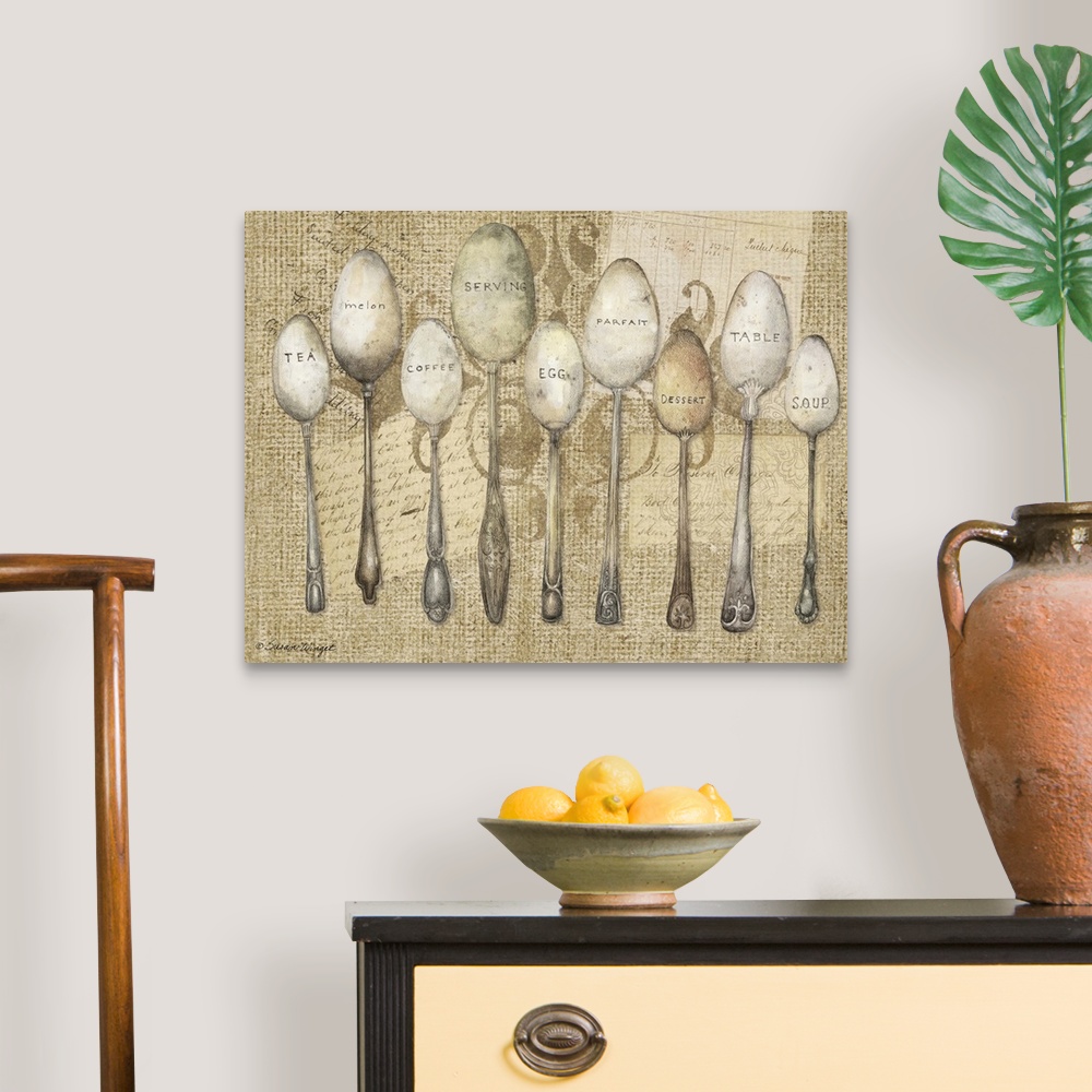 A traditional room featuring Vintage flatware on burlap in sophisticated montage, perfect for dining room or kitchen