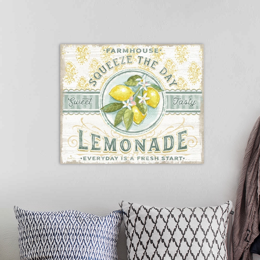 A bohemian room featuring Vintage farmhouse signage for lemonade evokes a nostalgic country style