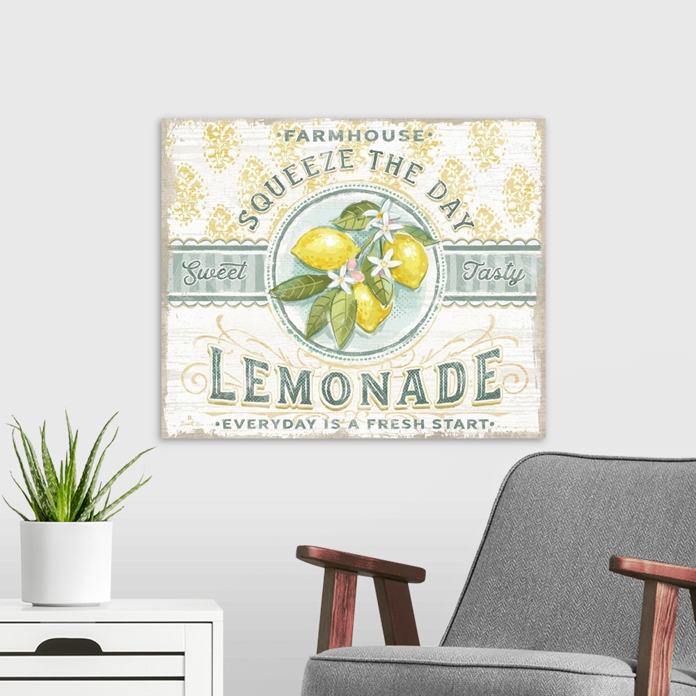 A modern room featuring Vintage farmhouse signage for lemonade evokes a nostalgic country style