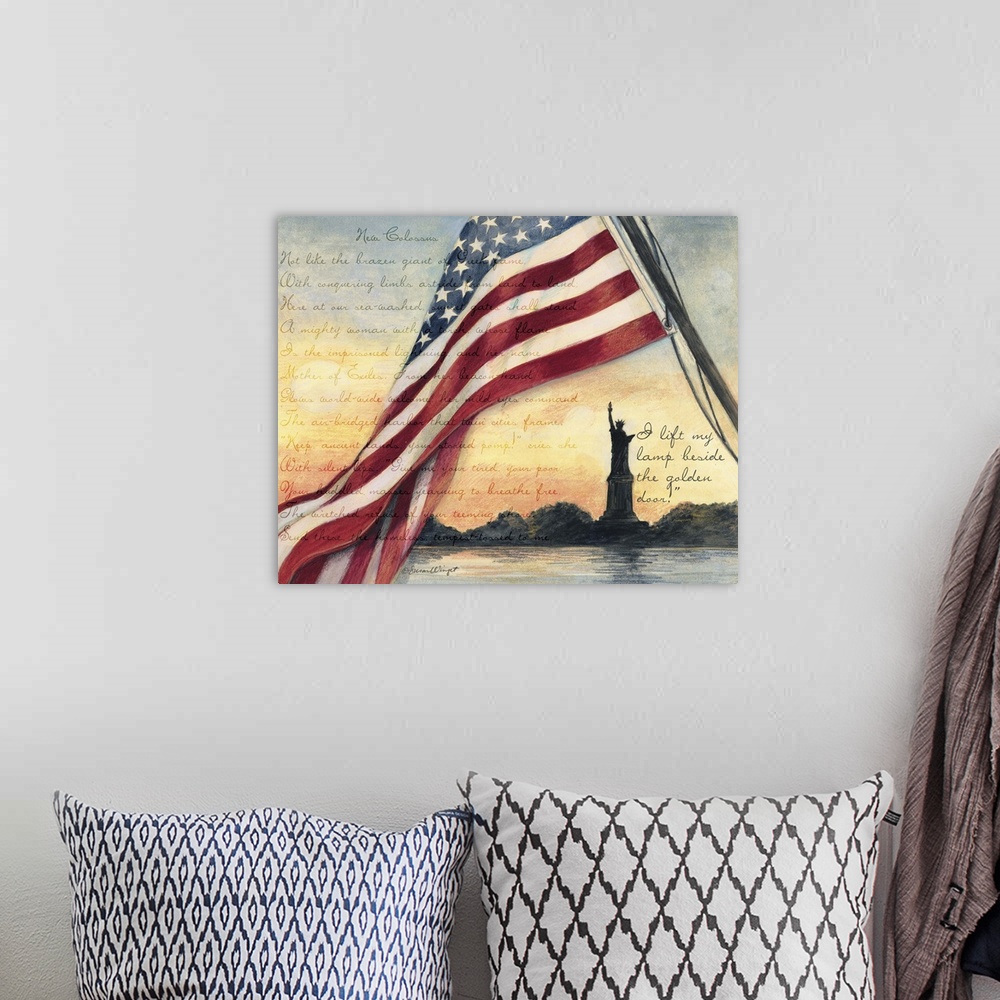 A bohemian room featuring A patriotic scene of the country's signature statue!