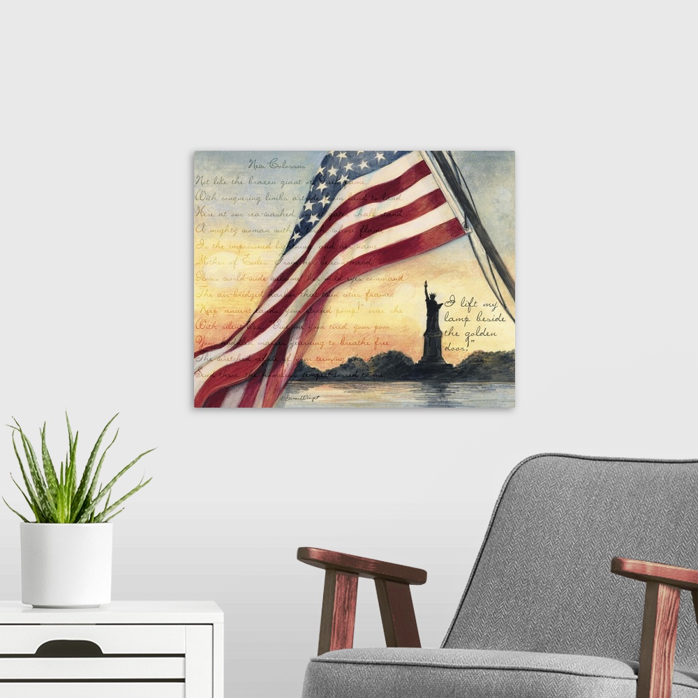 A modern room featuring A patriotic scene of the country's signature statue!