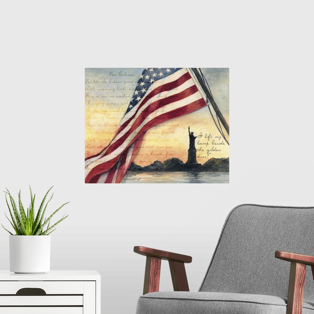 A modern room featuring A patriotic scene of the country's signature statue!