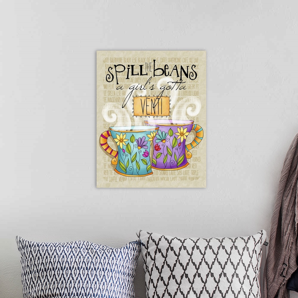 A bohemian room featuring Whimsical tea-themed art that is perfect for kitchen decor!