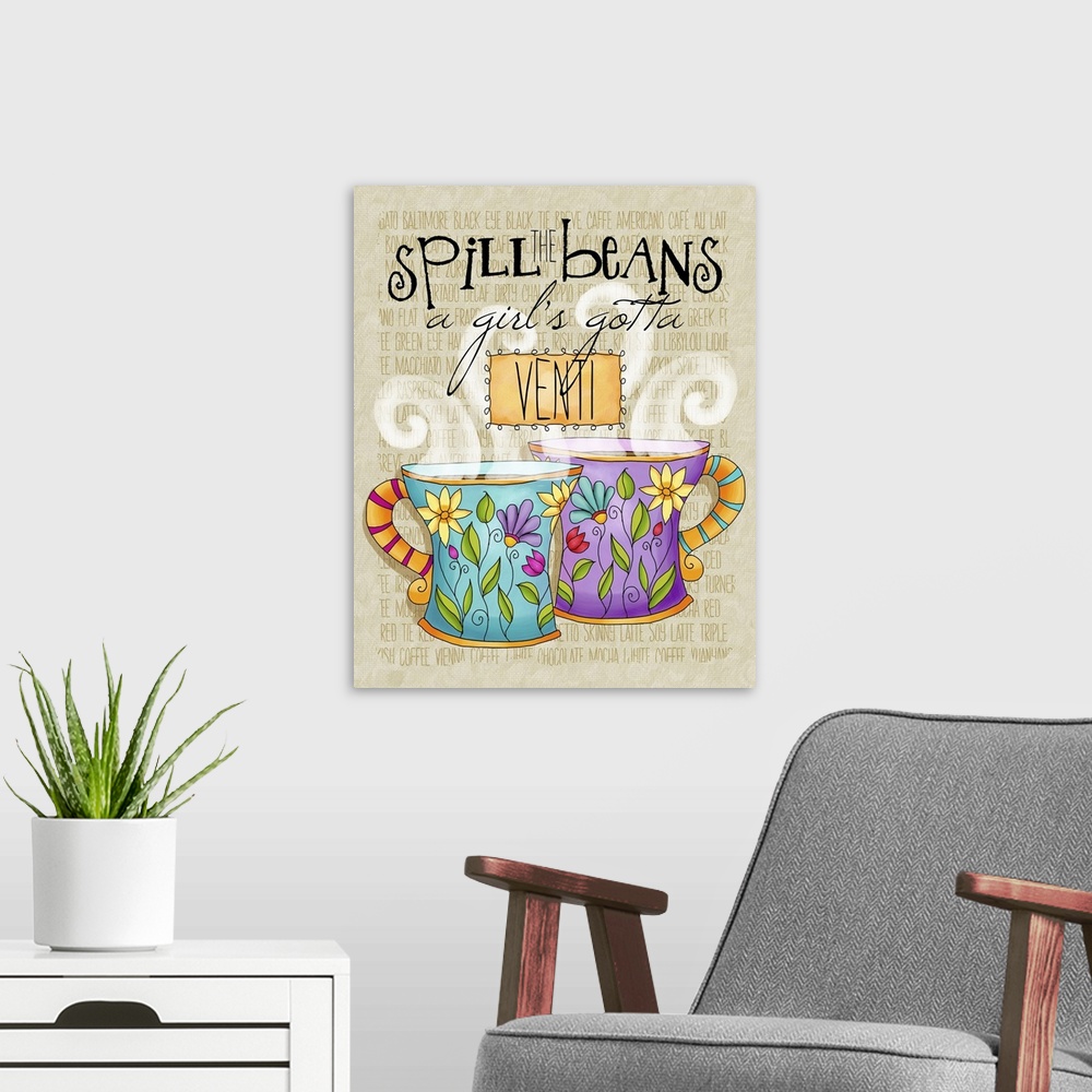 A modern room featuring Whimsical tea-themed art that is perfect for kitchen decor!
