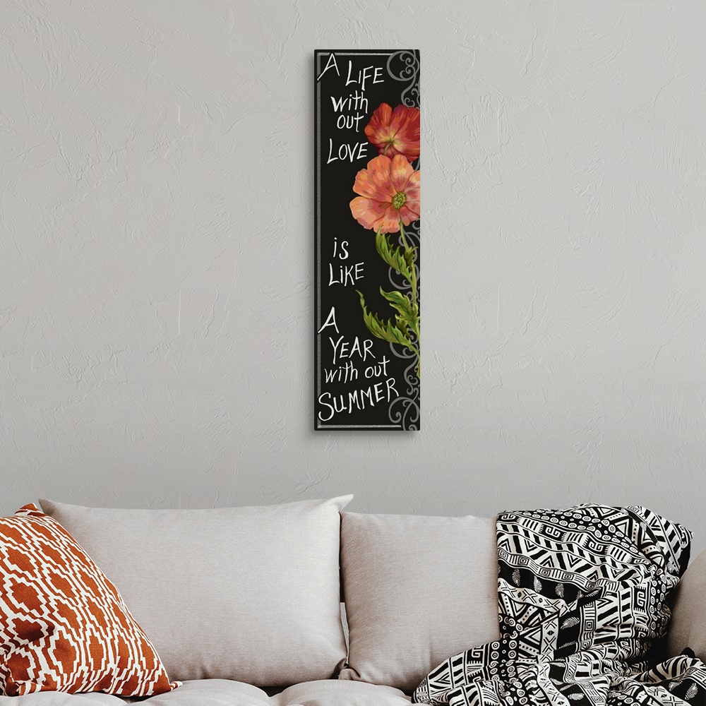 A bohemian room featuring Lyrical quote and floral evoking the joy of summer.