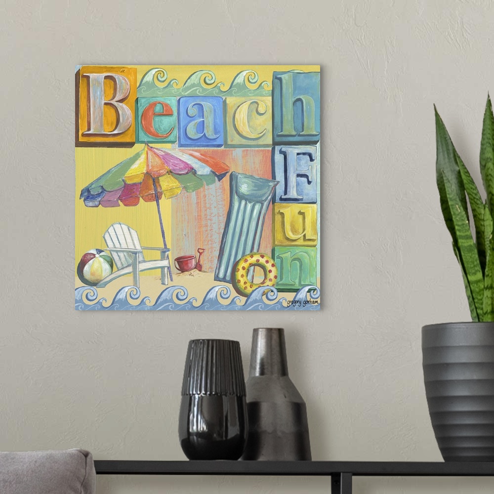A modern room featuring Fun beach-themed art is ideal for beachhouses, cabanas and sunrooms!