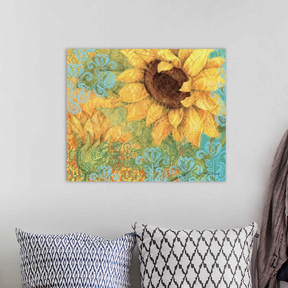 A bohemian room featuring Big and bold sunflower will make a splash on any wall!
