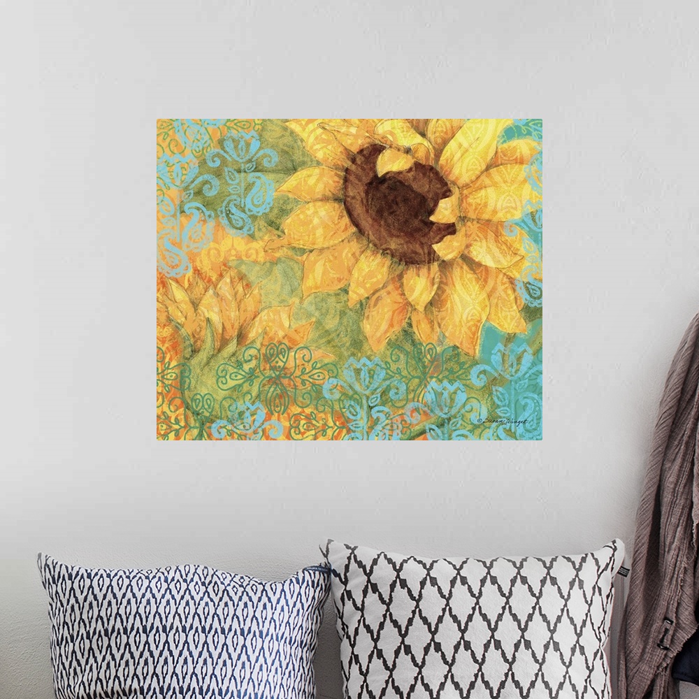 A bohemian room featuring Big and bold sunflower will make a splash on any wall!