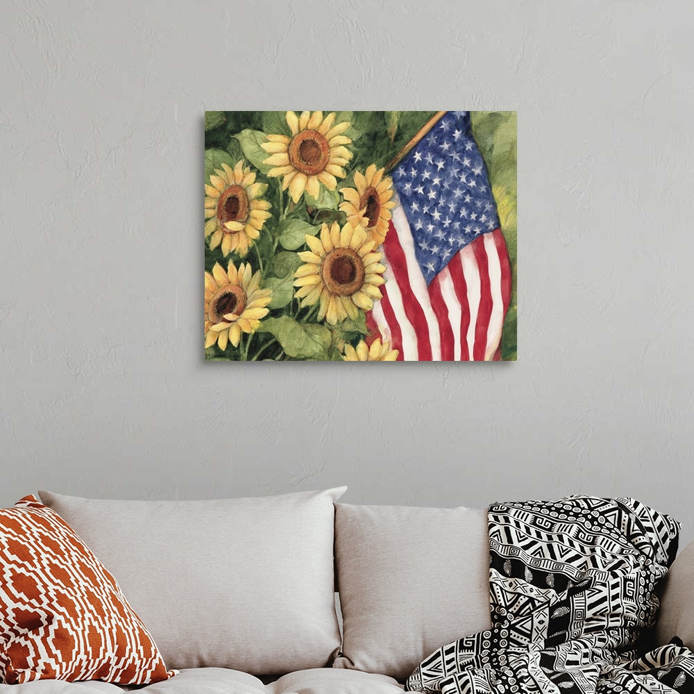 A bohemian room featuring Garden sunflowers with an American flag nestled between them.