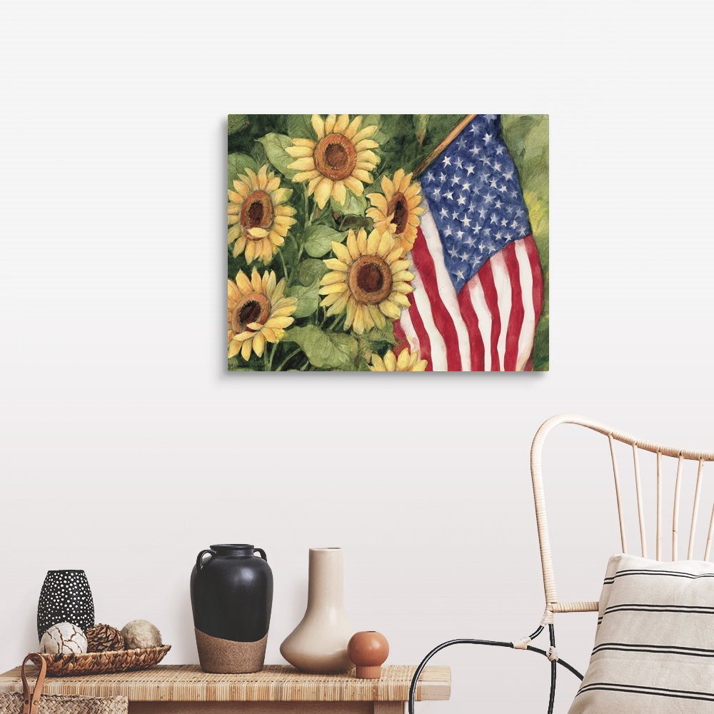 A farmhouse room featuring Garden sunflowers with an American flag nestled between them.