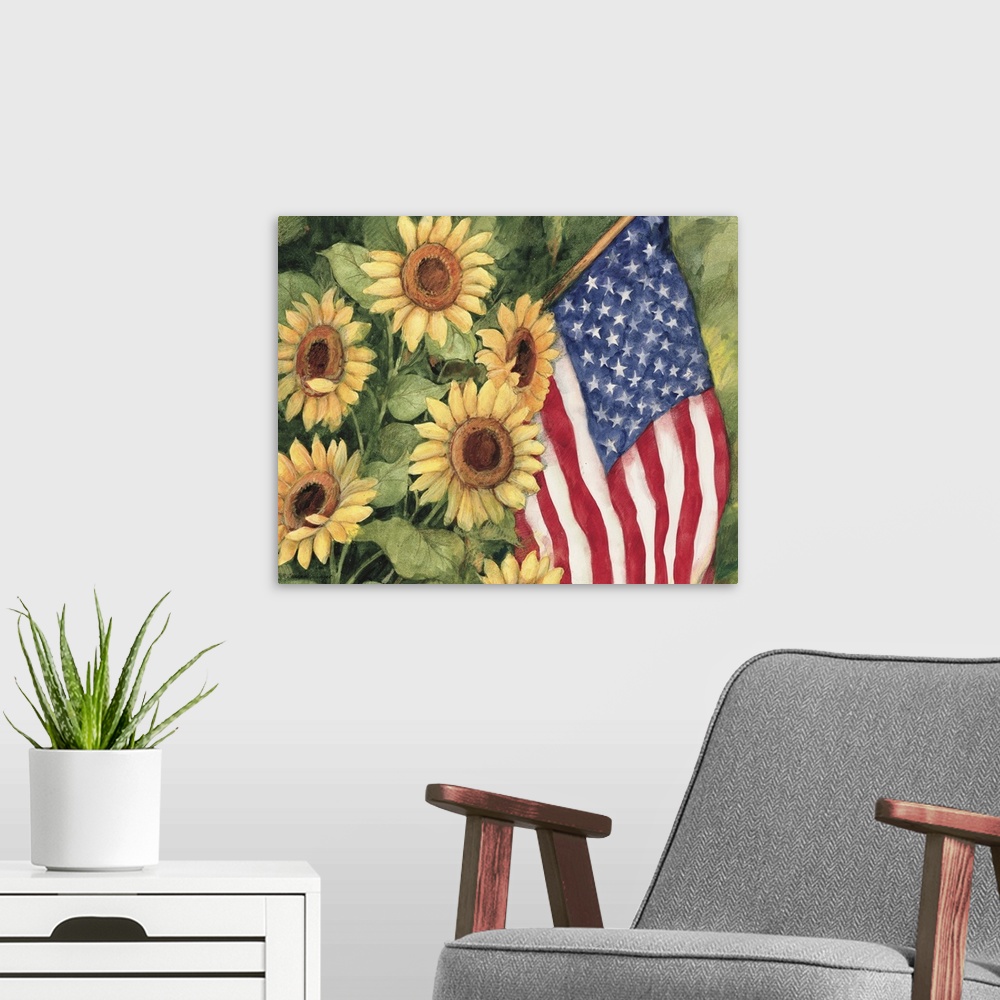 A modern room featuring Garden sunflowers with an American flag nestled between them.